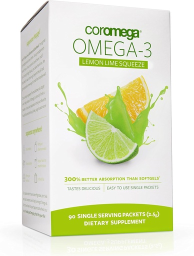 [BRSWIYQHDEGA4A3E] Coromega Omega 3 Fish Oil Supplement, 650mg of Omega-3s with 3X Better Absorption Than Softgels, Lemon Lime Flavor, 90 Single Serve Squeeze Packets