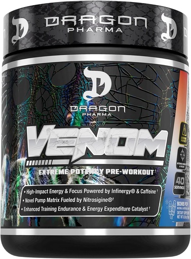 [BRSWYEDYC4DQY2DJ] DRAGON PHARMA Venom Extreme Potency Pre- Edzés, Laser Sharp Focus + Energy, Intense Performance, Proven Ingredients for Enhanced Vasodilation & Endurance (40 Servings, Bomb Pop)