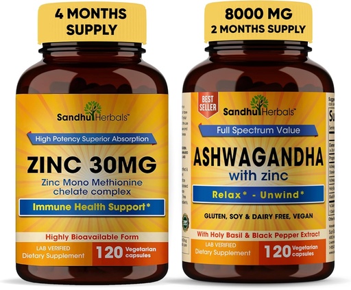 [BRSROBAQOIHGOAYU] Sandhu Herbals Sink 30mg Supplement og organisk 4 i 1 Ashwagandha Kapsler med Zinc® støtter sunn hud, immunsystem