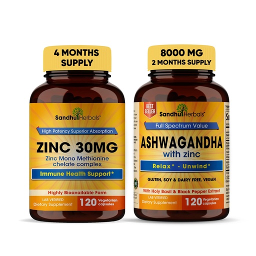 [BRSROBAQOIHGOAYU] Sandhu Herbals Zinc 30mg Supplement and Organic 4 in 1 Ashwagandha Capsules with Zinc| Supports Healthy Skin, Immune System| Non-GMO