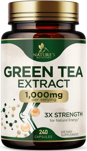 [BRSRAHA7OEFB4DI2] Green Tea Extract Capsules 1000 mg - Standardized 45% EGG & 98% Polyphenols - 3X Tea Green Pills for Natural Energy - Support Heart Health, Herbal Suplemen, Vegan, Non-GMO - 240 Capsules