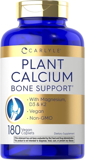 [BRSW2AQ2C57RUCT4] Carlyle Plant Based Calcium with Vitamin K2, D3, Magnesium | 180 Vegan Caplets | Bone Strength Supplement | Non-GMO, & Gluten Free
