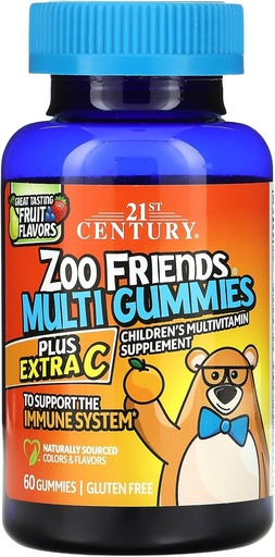 [BRSWIHIMCMJRC2D2] 21. Yüzyıl Zoo Arkadaşlar Multi Gummies Plus Ekstra C, Meyve Flavors , 60 Kont