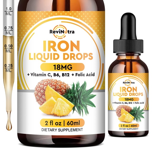[BRSRAEIQDIMBOGY2] Liquid Iron Supplement for Women, Men & Kids, Liquid Iron Drops with Folate, Vitamin C, B6, B12 for Anemia, Red Blood Cell, Energy Support, Pineapple Flavor, 2 Fl Oz