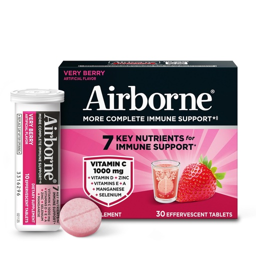 [BRSWGYYPOIHW2HL2] Airborne 1000mg Vitamin C with Vitamin D + Zinc Sugar Free Multivitamin Immune Support Effervescent Fizzy Drink Tablets, Very Berry Flavor with Powerful Antioxidants VIT A C & E, 30 Tablets