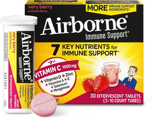 [BRSWGYYPOIHW2HL2] Airborne 1000mg Vitamina C con Vitamina D &amp; Zinc, Sugar Free Multivitamin Immune Support Suplemento, Antioxidantes Vitaminas A C & Vitamina E, 30 Tablas Effervescentes, Flavor muy Berry