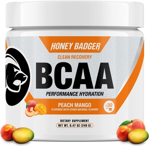 [BRSWGAI3OR5GO3DD] Honey Badger BCAA + EAA Aminozuren Poeder, BCAA's + L-Glutamine, Keto, Vegan, Suikervrij voor mannen & vrouwen, Hydratatie & Post Workout Muscle Recovery Drink Mix, Peach Mango, 30 Servers
