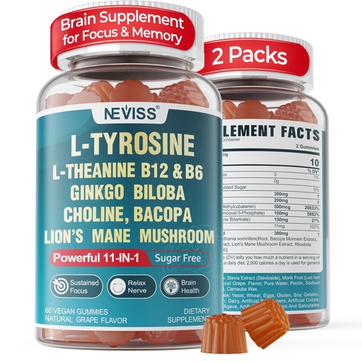[BRSROCTRBUHGYELP] 11-IN-1 Brain Supplement for Memory and Focus with L-Tyrosine L-Theanine, Methylated B12 & B6, Lion's Mane Mushroom, Ginkgo Biloba, Bacopa Monnieri, Choline for Focus, Nootropic, Energy, 2Packs