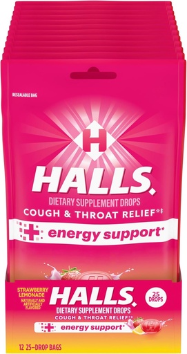 [BRSWGHYOC4MQMAI4] HALLS Relief + Energy Support, Strawberry Lemonade Cough Drops, 12 Bags of 25 Drops (300 Total Drops)