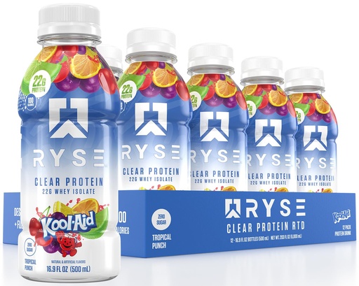 [BRSRAGTRBEIBEAAZ] RYSE Clear Protein Drink - Kool-Aid Tropical Punch - 100 kalórií, 22g Srvátkový proteín Shake, bez cukru, 0g tuku a bez laktózy - osviežujúci nápoj pripravený na pitie - 16,9 fl oz fľaše (12-Pack)