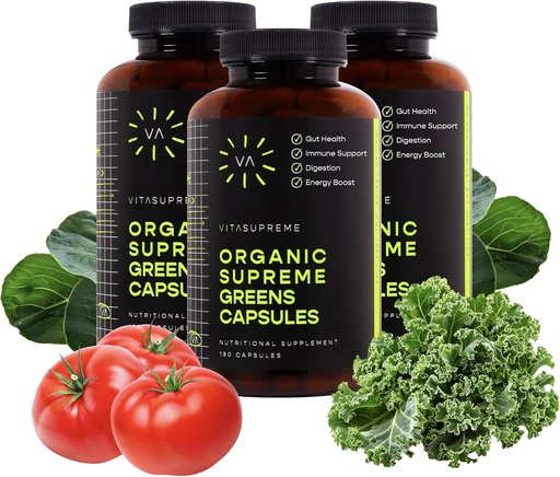 [BRSWYAQFOUPBMYL2] Vita Supreme Organic Super Greens Superfood Capsule, Nutritional Supplement for Gut Health, Immune Support, Digestion, Energy, and More (Non-GMO, Keto, Vegan) 180 Capsules, 3 Pack