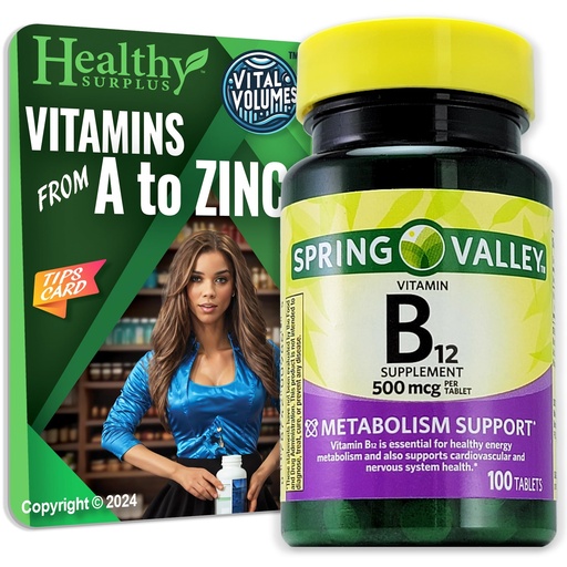 [BRSROAD7DN6GCE3Z] Healthy Surplus Vitamin B12 Supplement Tablets 500 mcg 100 Tablets and Vital Volumes Tips Card