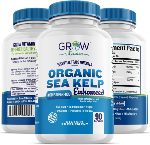 [BRSW2ZAQB4IWE3DH] Organic Sea Kelp (Icelandic) Enhanced - Pure Healthy Thyroid Support Natural Iodine Supplement w/Organic Sea Kelp, Blue-Green Algae & Red Algae - Immune System & Metabolism Support - 90 Capsules