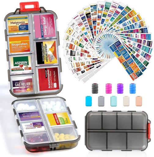 [BRSRA23YAAOR6GQ7] 14 Grids Travel Pill Organizer Box with 415-Pcs Medicine Name Labels - Pocket Daily Pharmacy Case Container Kit - Travel Medication Holder Dispenser for Fish Oil Vitamin Supplement Storage -Clear Grey