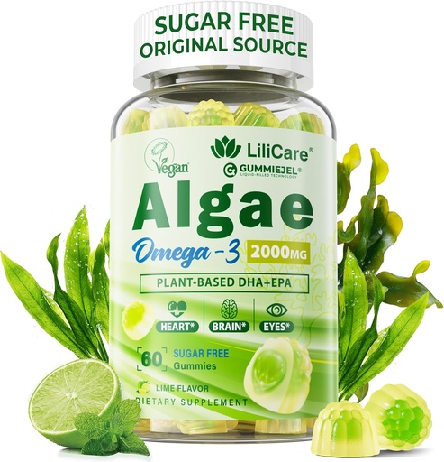 [BRSRO2QDOR7RO3LF] Omega 3 Gummies 2200mg de Algae Oil (DHA 640mg &amp; EPA 290mg) para Hombres, Vegan Omega 3 Fish Oil Alternative, w/CoQ10, Astaxanthin, Vitamina A, E, D3 para Cerebro, Ojo, Antioxidante, Sugar Gratis, 1Pack