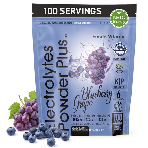 [BRSRO2QNBZ6WYHLD] PowderVitamin Electrolytes Powder Plus, Sugar Free Hydration Powder 1000mg Potassium, 120mg Magnesium, 120mg Calcium, Himalayan Salt, Vitamin C & Zinc, USA Made, 550g, 100 Servings, Blueberry Grape