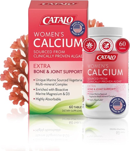 [BRSWGBD2OQPRSEQ4] CATALO Feminin's Calciu cu AquaminTM Red Algae - Plant-Based Marine Calciu Supliment cu vitamina D3, Magneziu & Zinc - Formula de înaltă absorbție - 60 comprimate