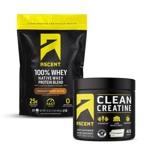 [BRSROBT5O4MGKALO] Ascent 100% Whey Protein Powder, Chocolate Peanut Butter 2 lb & Creatine Monohydrate Powder, Unflavored 45 Servings