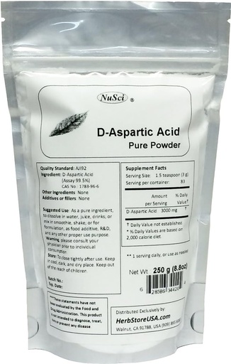 [BRSWIE3ROZ6R2DDM] Pure D-Aspartic Acid (DAA) Powder AJI Quality Standard (250 Grams (8.8 oz))