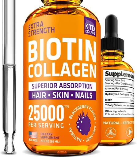 [BRSW2GQNPJ7W2AIU] Liquid Collagen and Biotin Drops for Hair Growth 25,000 mcg - Made in USA Collagen & Biotin Vitamins for Hair Skin and Nails - Hydrolyzed Collagen and Biotin Supplement for Women and Men