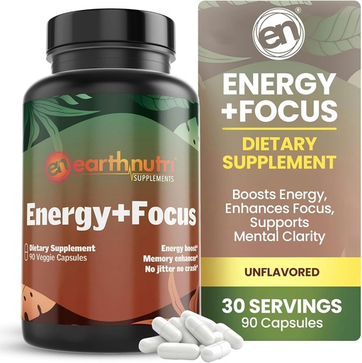 [BRSROBI2A4IREDQU] EarthNutri Energy + Focus Supplement - Energy Boost & Memory Enhancer with PeakO2, AlphaSize, Cognizin, PurCaf, Theacrine, Acetyl L-Carnitine and L-Tyrosine - 3 Capsules Per Serving
