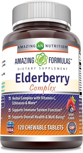 [BRSWYAQ7CUBBSDTB] Increíble fórmulas Elderberry Complex Suplemento ← 120 Chewable Tablets ← Berry Flavor ← No-GMO TEN Gluten-Free TEN Made in USA