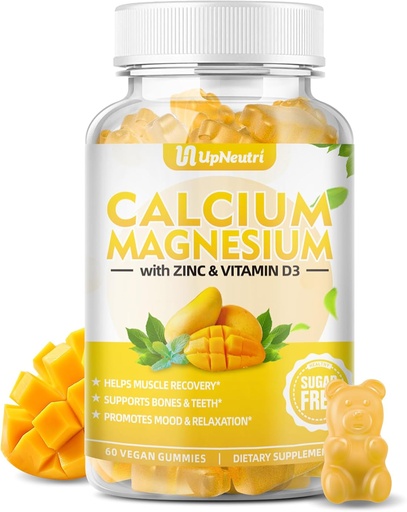 [BRSROFQRAECRQETF] Calcium Magnesium Zinc with Vitamin D3 Supplement, Sugar Free Calcium Gummies for Women Men, High Absorption Zinc Gummies for Bone & Muscle & Immune Health, Vegan Mango Flavor - 60 Count