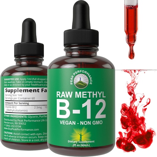 [BRSRMYAQO4PRQFY4] Raw Methyl B12 Flüssigkeitstropfen. Sublingual Fast Acting Advanced Vegan B 12 Flüssige Vitamin-Ergänzung. Hohe Bioverfügbarkeit Methylcobalamin B-12 Vitamine für Energie, Fokus und Relief. für Männer + Frauen