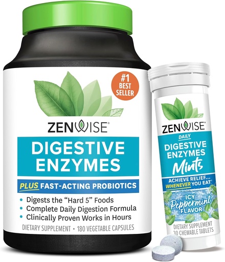 [BRSRAZIRPIFGGADZ] Zenwise Health Digestive Enzymes and Peppermint Chewable – Digestive Enzymes, Probiotic Multi Enzymes with Probiotics for Women and Men in Capsules and Convenient Chewable Peppermint