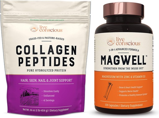 [BRSW2FD2CQGRQYAZ] Live Conscious Collagen Peptides & MagWell Magnesium Zinc & Vitamin D3 | Hair, Skin, Nail, and Joint Support + Bone & Heart Health, Immune System Support