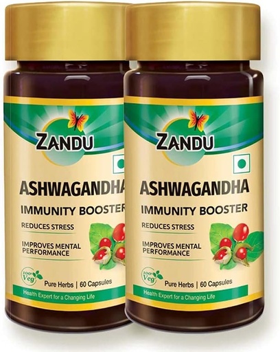 [BRSWYBQZCMJROCLH] Zandu Ashwagandha Capsules (120 veg caps), Formulated with Pure Extracts of Ashwagandha, Immunity Booster, For Natural Body Strength, Stress Buster (Pack of 60 x 2)