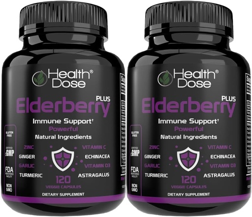 [BRSW2GQYDEJQYC3Z] Health Dose Elderberry Plus Capsules – Immune Support Supplement with Vitamins C, D3, Zinc, Selenium & 11 Ingredients for Year-Round Wellness – 120 Veggie Capsules, 2-Month Supply Pack of 2