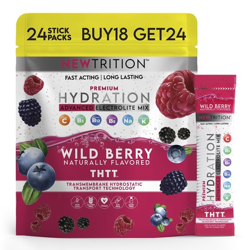 [BRSRAYITAUIAIA3L] Hydration Powder, Wild Berry Pack of 24 Electrolyte Powder Packets, Naturally Flavored Hydrating Packets for Water, Fast Acting Hydrate Electrolytes with Vitamins B & C, Energy & Recovery