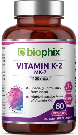 [BRSWKYQ5AQJQMGDO] biophix Vitamin K2 MK-7-100 mcg 60 Veg Capsules - Supports Strong Bones Immune Health