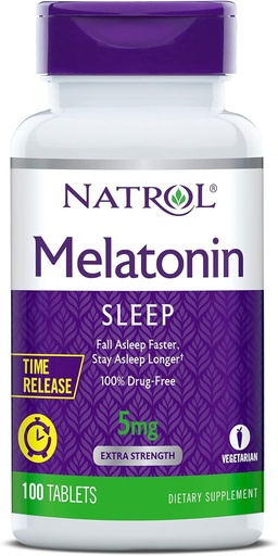 [BRSWIYYMOMPBWETI] Natrol Time-Release Melatonin 5 mg, Dietary Supplement for Restful Sleep *, 100 Tablets (Pack of 2), 200 Day Supply