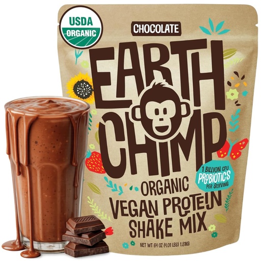 [BRSW2AL3PJ7RG3IZ] EarthChimp Organic Vegan Protein Powder - with Probiotics - Non GMO, Dairy Free, Non Whey, Plant Based Protein Powder for Women and Men, Gluten Free - 52 Servings, 64 Oz (Chocolate)