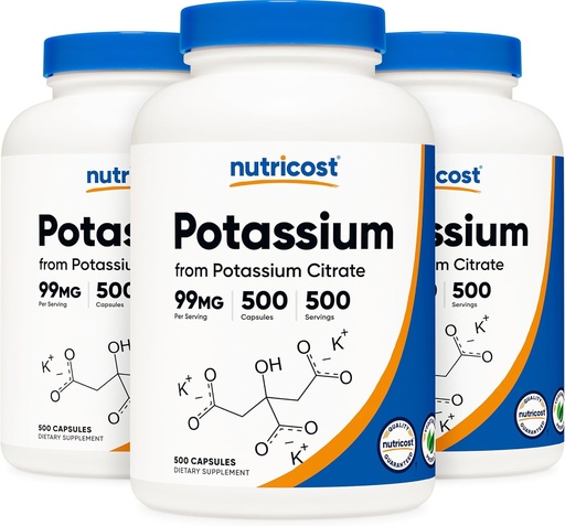 [BRSWKGAHPMPAGFDE] Nutricost Potassium Citrate 99mg, 500 Capsules (3 Bottles)