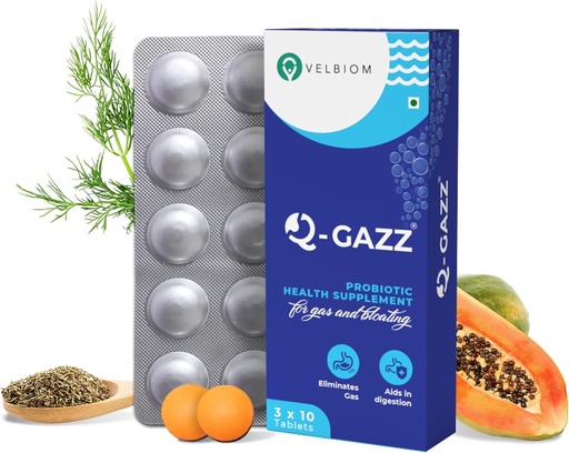[BRSRMYINCANW2GQ3] Q-Gazz Helps in Gas, Bloating and Indigestion Clinically Proven Unique Blend of Probiotics, Carminative Oils and Digestive Enzymes for Men & Women Formulated by Doctors - 30 Tablets
