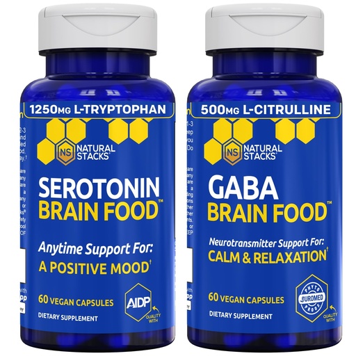 [BRSWYAQTPICQ43DJ] NATURAL STACKS Serotonin & GABA Brain Food Bundle - Supports a Positive Mood & Calmness* - 120 Total Capsules