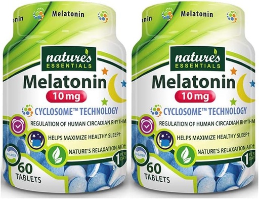 [BRSWECQ3BFYBOA3D] NATURE'S ESSENTIALS Melatonin 10mg ← Inmediata &amp; Extended Release ¦ Advanced Cyclosome Liposomal Delivery ← Non-GMO, Gluten Free, Vegetarian ← 60 Tablets (2 Pack)