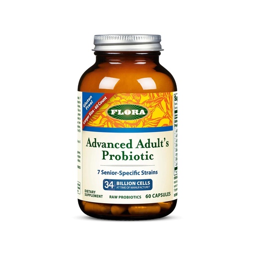 [BRSWI2QYPIBBCA3E] Flora - Advanced Adult's Blend Probiotic, Seven Senior-Specific Strains, Gluten Free, Raw Probiotic with 34 Billion Cells, 60 Capsules