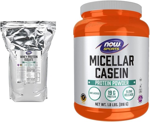 [BRSROCYKPIAWAHLD] NOW Sports Nutrition, Whey Protein Isolate, 25 g with BCAAs, Unflavored Powder, 10-Pound & Sports Nutrition, Micellar Casein 19 g, Slow Release, Unflavored Powder, 1.8-Pound
