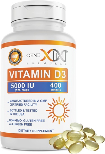 [BRSW2AAYOINA4CY6] Genex Formler Vitamin D3 5000IU (400 Softgels) Naturlig støtte for Bone Helse & Nervefunksjon - Ikke-GMO, Glutenfri, Allergen-fri