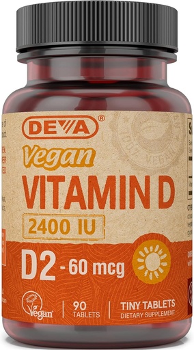[BRSWIZQGCAFBS2LY] Deva Vegan Vitamin D2 60 mcg 2400 IU, Ergocalciferol Supplement with No Animal Ingredients, 90 Tablets, 1-Pack
