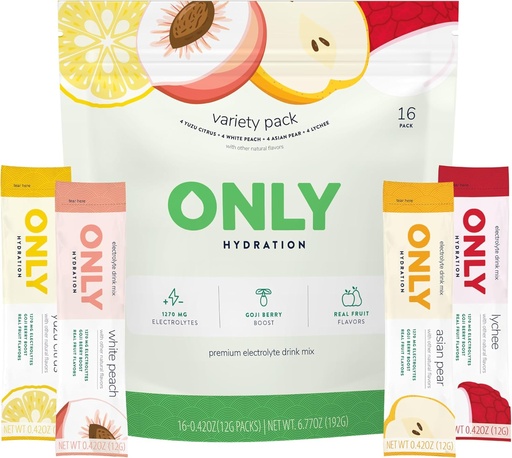 [BRSRAEADBUMWGA3L] Variety Pack 1270 mg Electrolyte Powder - 3g Sugar - Monk Fruit Sweetener - No Artificial Flavors - Superfood Goji Berry - Vitamins C, B6, B12 - On-The-Go Sticks - 1 Pack (16 Packets)