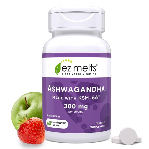 [BRSRAZIPCJ5G23Q6] EZ Melts Dissolvable KSM-66 Ashwagandha, 300 mg, Sugar-Free, Stress, Sleep and Mood Support Supplement, 30-Day Supply, Apple Berry-Flavor - 1 Pack