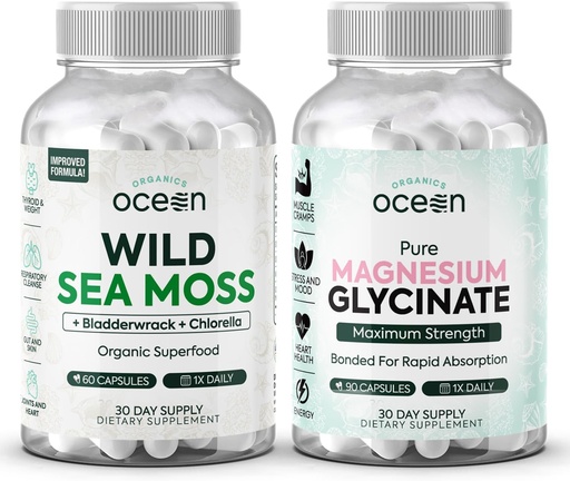 [BRSRAGAZBUPBUFA3] Organisasi Laut Liar Moss Capsules dan Pure Magnesium Glycinate dengan Zinc - 100% Moss Laut Irlandia dan Sellated Magnesium Suplemen Perempuan dan Pria - Thyroid, Kram Otot dan Tidur Penopang