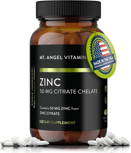 [BRSROCQOOIJQO3DL] Mt. Angel Vitamins - Zinc Citrate 50mg - Zinc 50 mg Citrate Chelate - Natural Zinc Supplements Made in USA - 60 Vegetarian Tablets