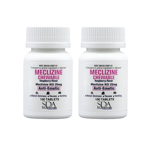 [BRSRAH32BEFRMCTB] SDA LABORATORIES Meclizine 25mg Chewable Tablets, Anti-Emetic, Raspberry Flavor, Motion Sickness & Vertigo Relief for Nausea, Dizziness, Vomiting, Portable Travel Aid (2 Bottles of 100 Count)
