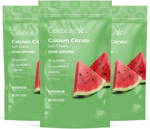 [BRSWGZACBYBWCH33] Celebrate Vitamin Bariatric 500 mg Calcium Citrate Soft Chews med 500 IE D3 Vitamin - Essential for Gastric Bypass Patienter & Knoglehelbred - Sugar & Gluten Free, Melon (270 Chews)